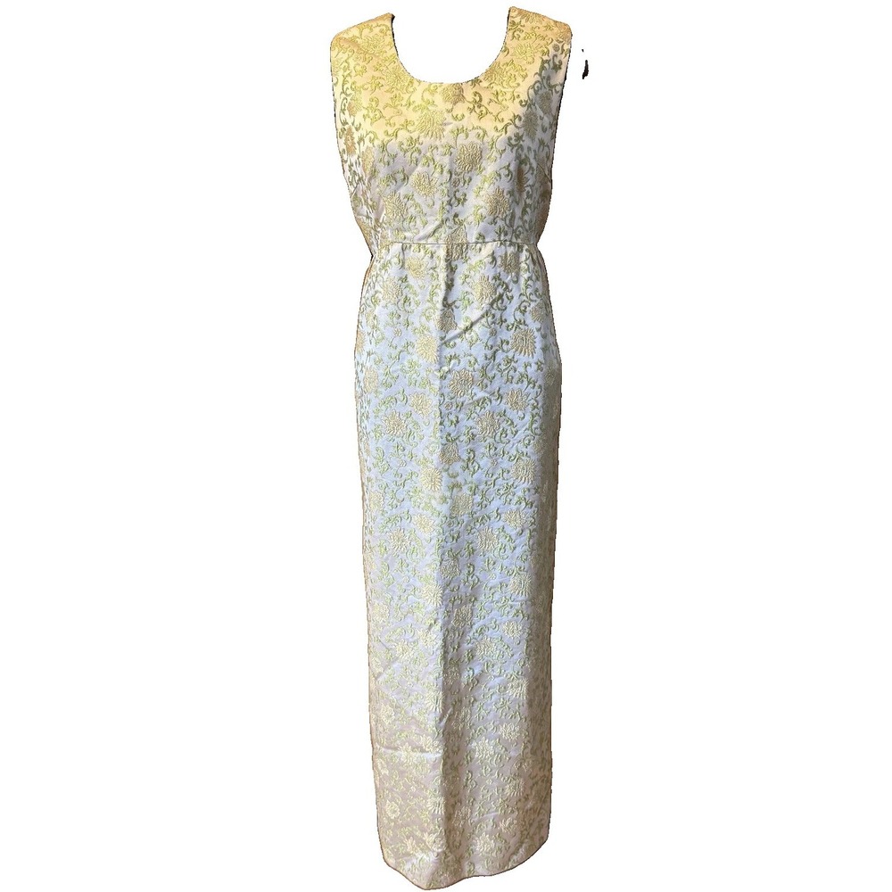 Vintage 60s Brocade Maxi Dress S Green Gold Metallic Floral Formal Empire Waist